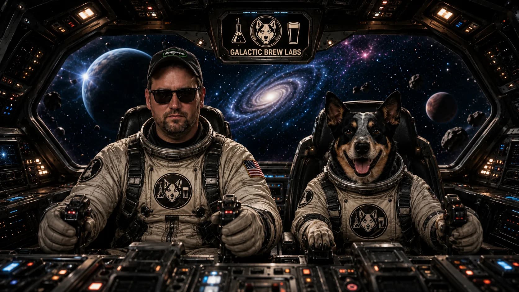 Josh and Aspen as spaceship co-pilots in the Galactic Brew Labs cockpit, flying past a galaxy
